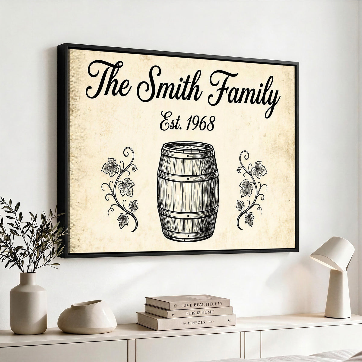 Custom wine barrel family sign for a home bar, canvas print