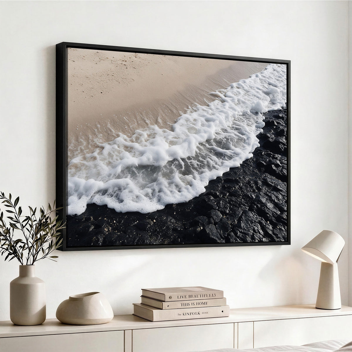 27448606-MGV-CV-24X16 - Ocean Wave Foam on Black Lava Rock Beach Canvas Wall Art Print