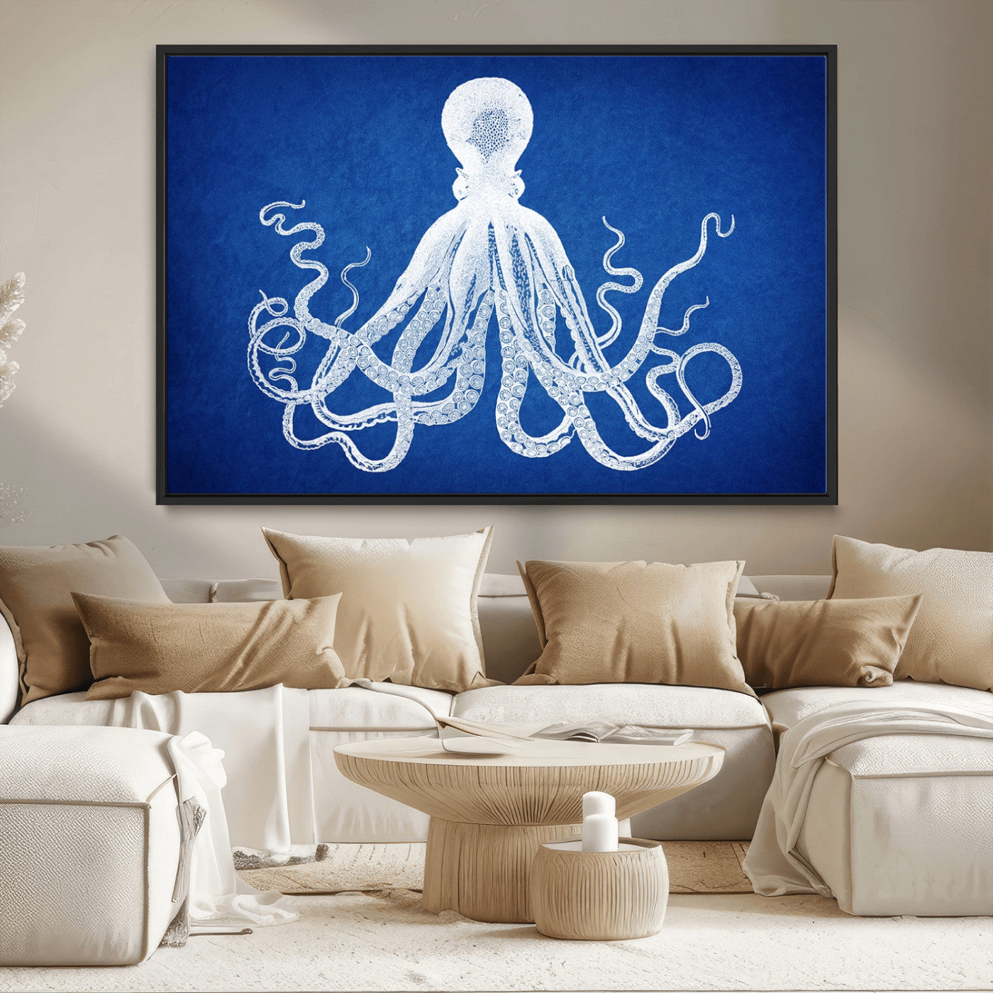 MGV-FC-36X24 - Large 3-Panel Blue Octopus Canvas Wall Art | Coastal Marine Life Artwork for Living Room, Bedroom,