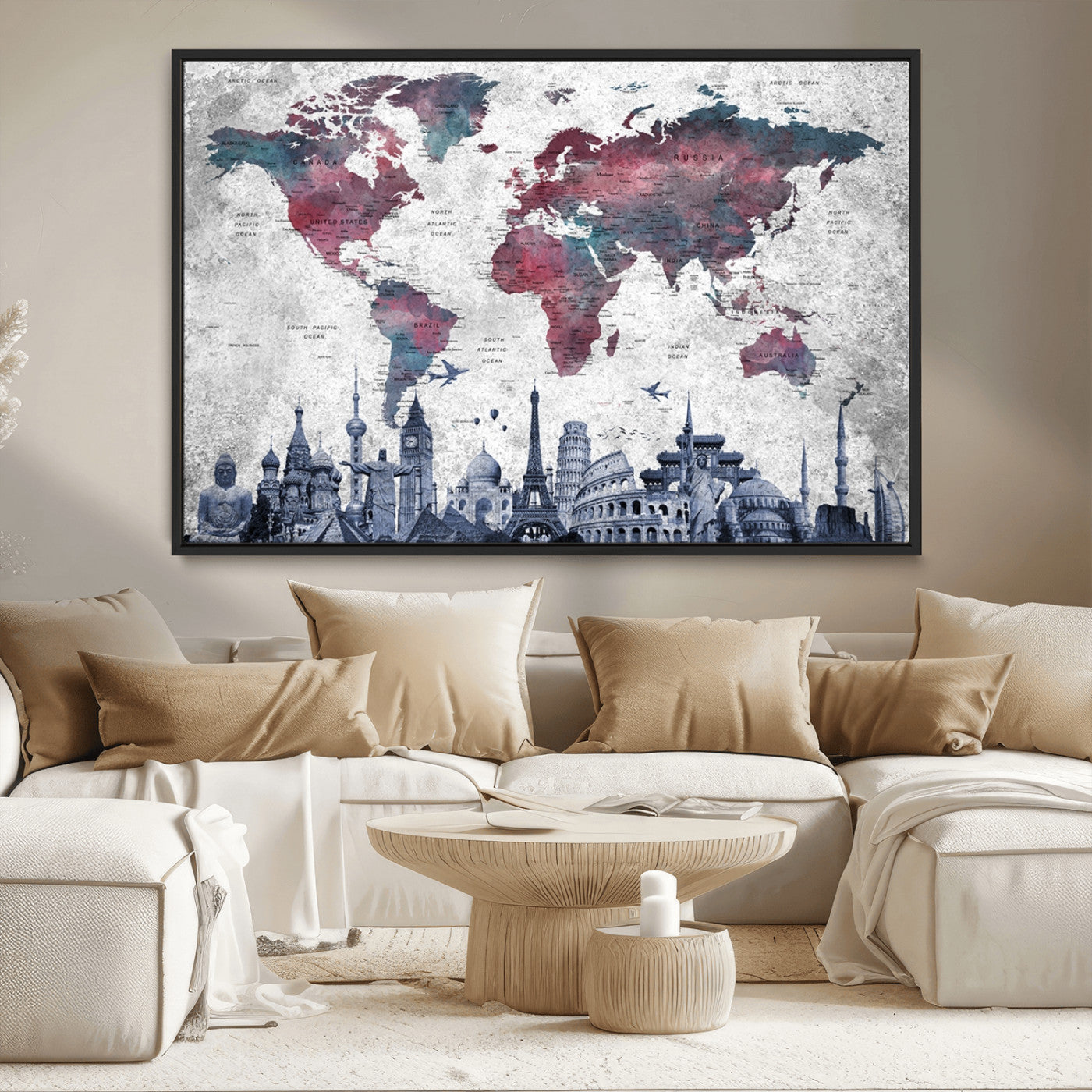 MGV-FC-36X24 - Push Pin World Map Canvas Print – Framed Wall Art for Couples to Track Their Travels – Anniversary