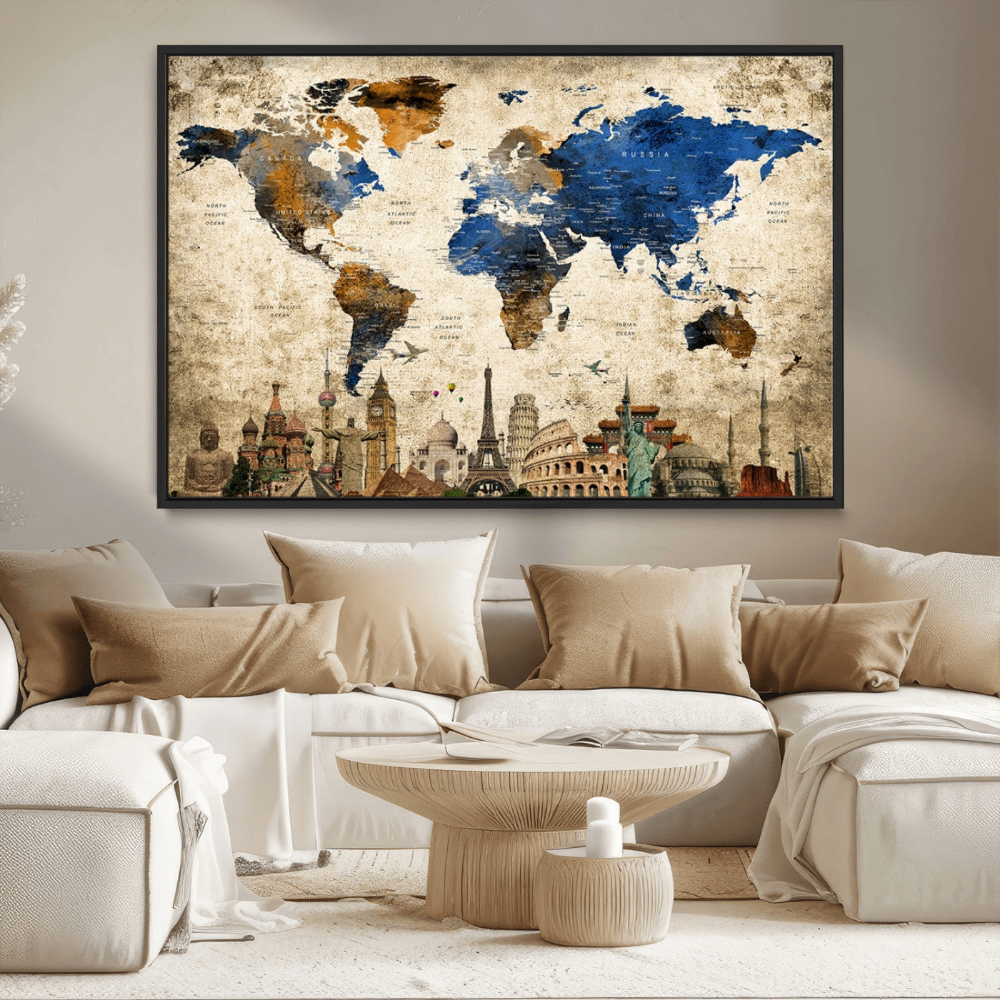 MGV-FC-36X24 - Push Pin World Map Canvas Print – Framed Wall Art for Couples to Track Their Travels – Anniversary