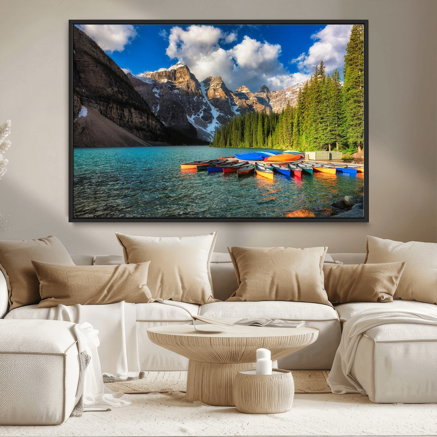 MGV-FC-36X24 - Moraine Lake 3-Panel Wall Art, Majestic Mountain and Lake Landscape Canvas Print Canoes on Moraine