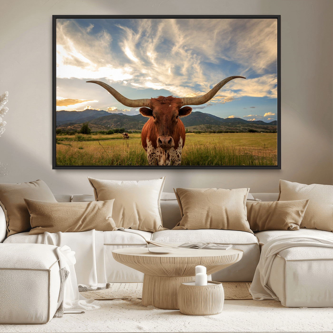 MGV-FC-36X24 - Texas Longhorn Canvas Wall Art – Majestic Triptych Animal Print – Rustic Western Decor for Living
