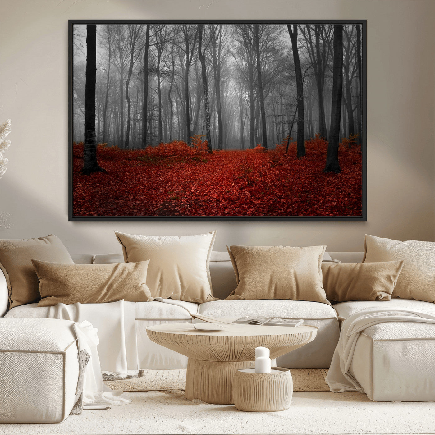 MGV-FC-36X24 - Red Forest Floor Canvas Wall Art – Mystical Foggy Woodland Triptych – Nature-Inspired Decor for