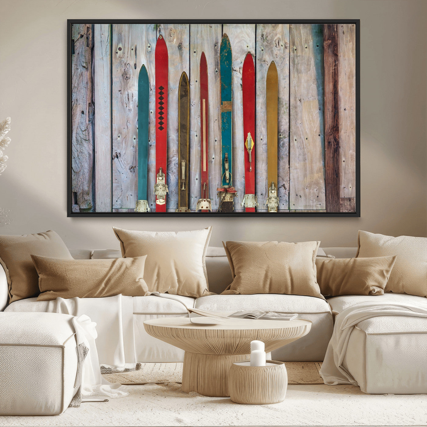 MGV-FC-36X24 - Vintage Wooden Weathered Ski's in Front of an Old Barn Wall Art Canvas Print for Farmhouse, Cabin