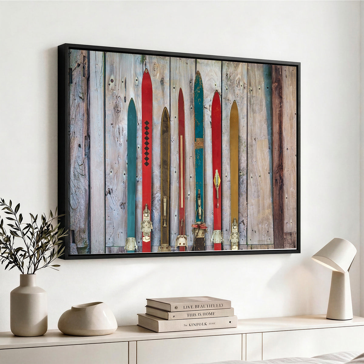 30640-MGV-CV-36X24 - Vintage Wooden Weathered Skis in Front of an Old Barn Wall Art Canvas Print