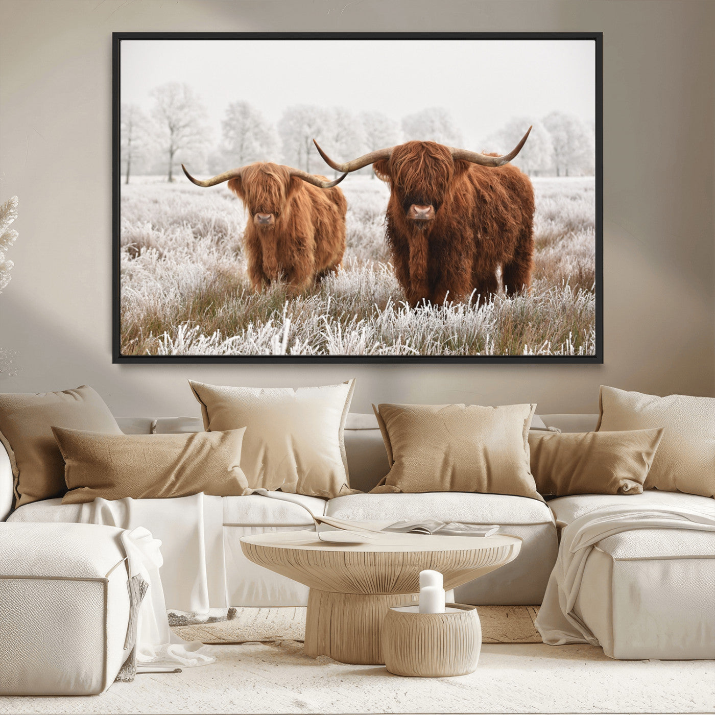 MGV-FC-36X24 - Longhorn Cattle Wall Art Canvas Print, Framed Farmhouse Style Art Picture Print, Rustic Cow Perfect Rustic Farmhouse Decor Artwork