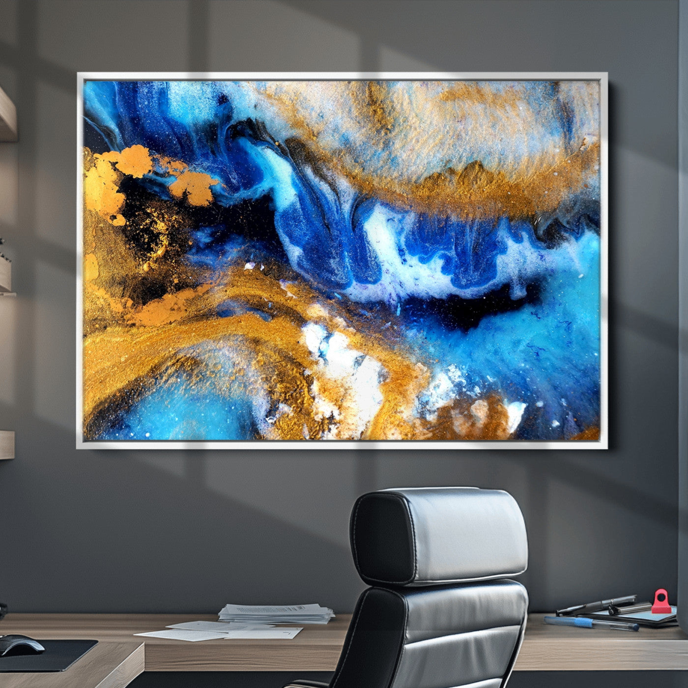 42100-MGV-CV-36X24-Blue Orange Marble Fluid Effect Canvas Wall Art Print