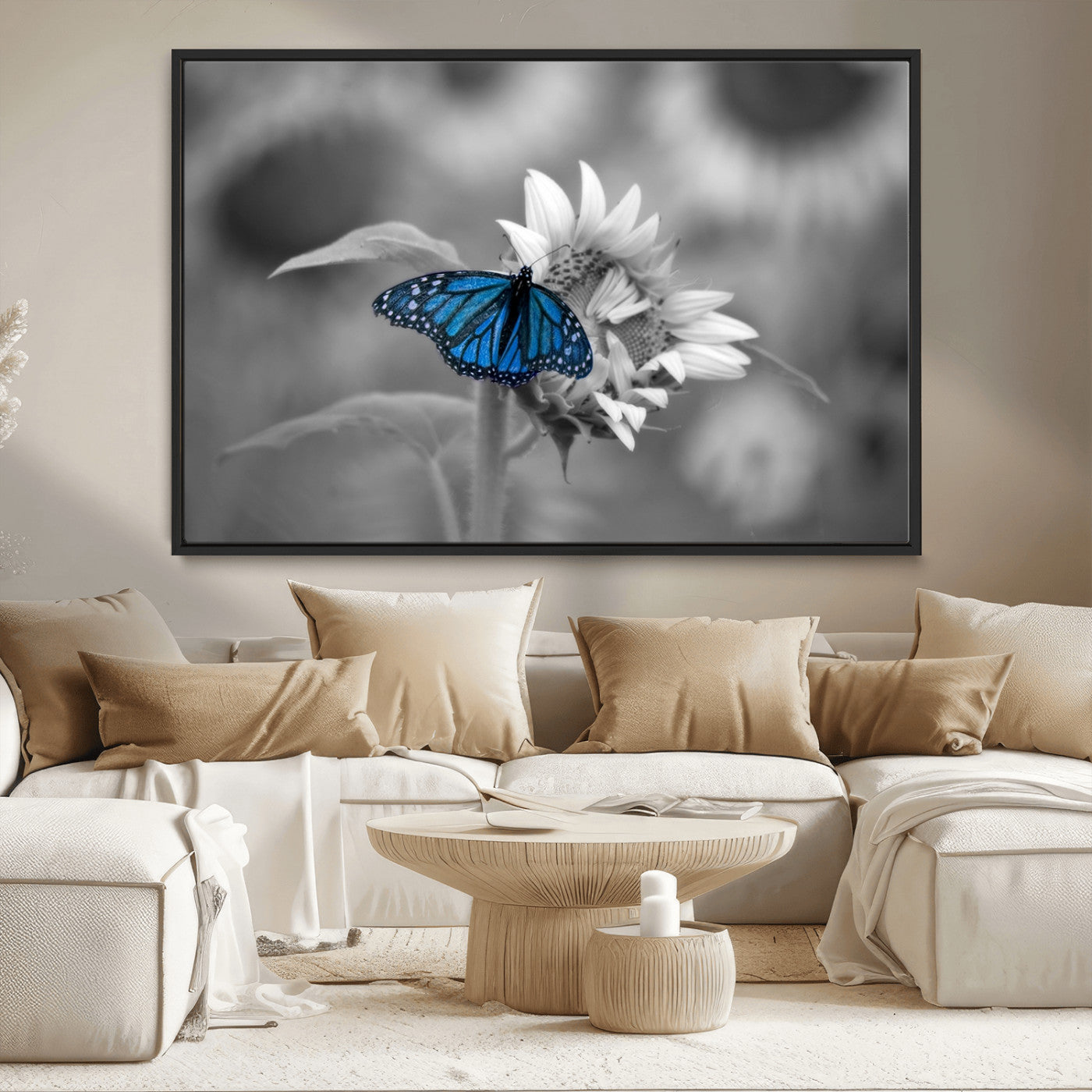 MGV-FC-36X24 - Blue Butterfly Black and White Canvas Wall Art