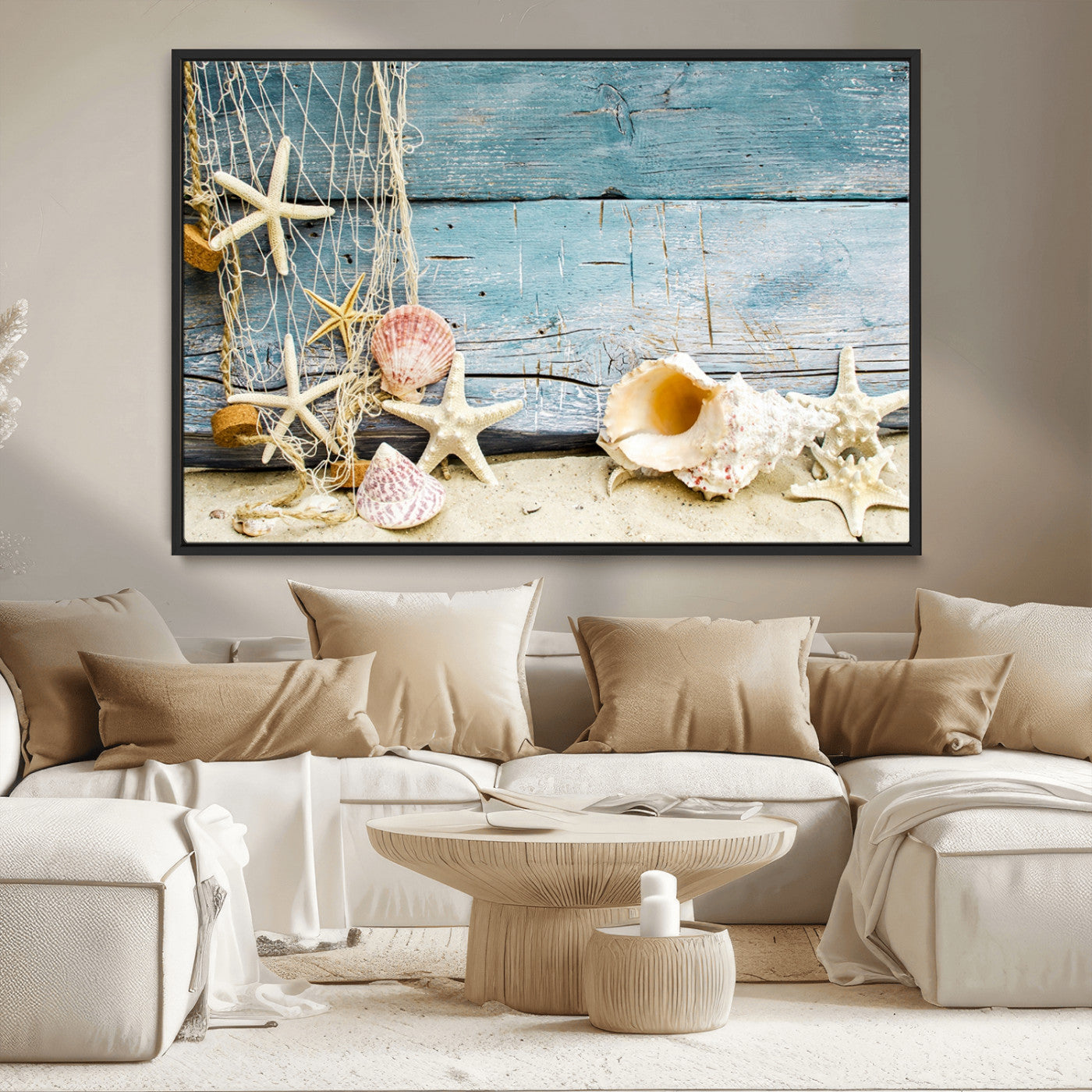 MGV-FC-36X24 - Seashells on Rustic Wooden Background, Seashells Wall Art Canvas Print