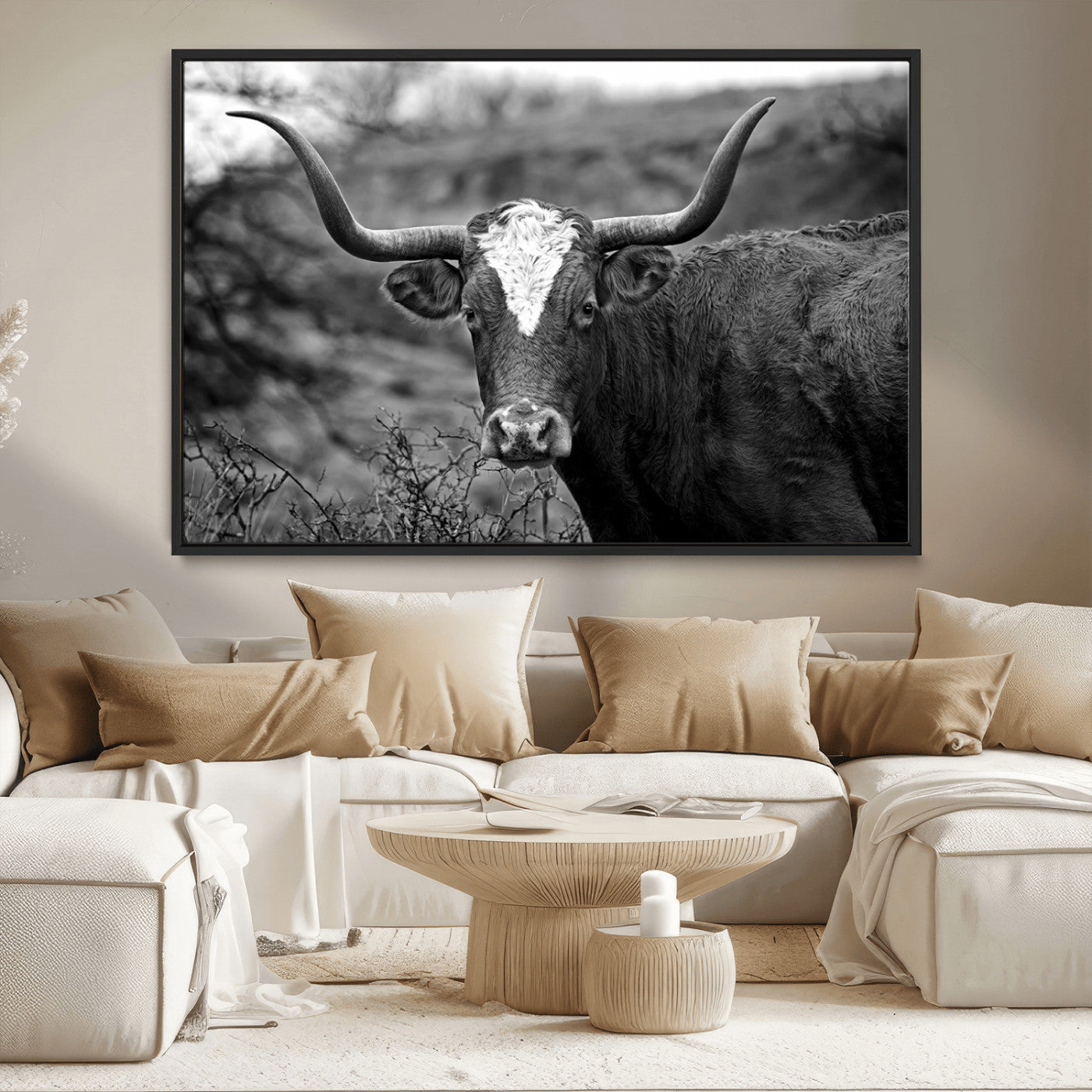 MGV-FC-36X24 - Western Home Wall Art Canvas Print, Framed Texas Longhorn Art Picture Print, Rustic Cow Perfect Rustic Farmhouse Decor Artwork