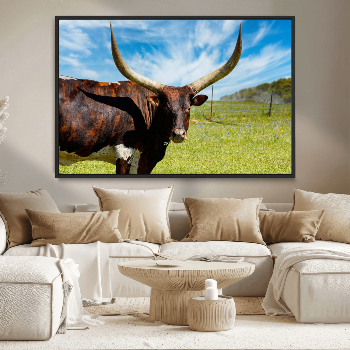 MGV-FC-36X24 - Longhorn and Cow Wall Art, Country Cow Wall Decor Canvas Print