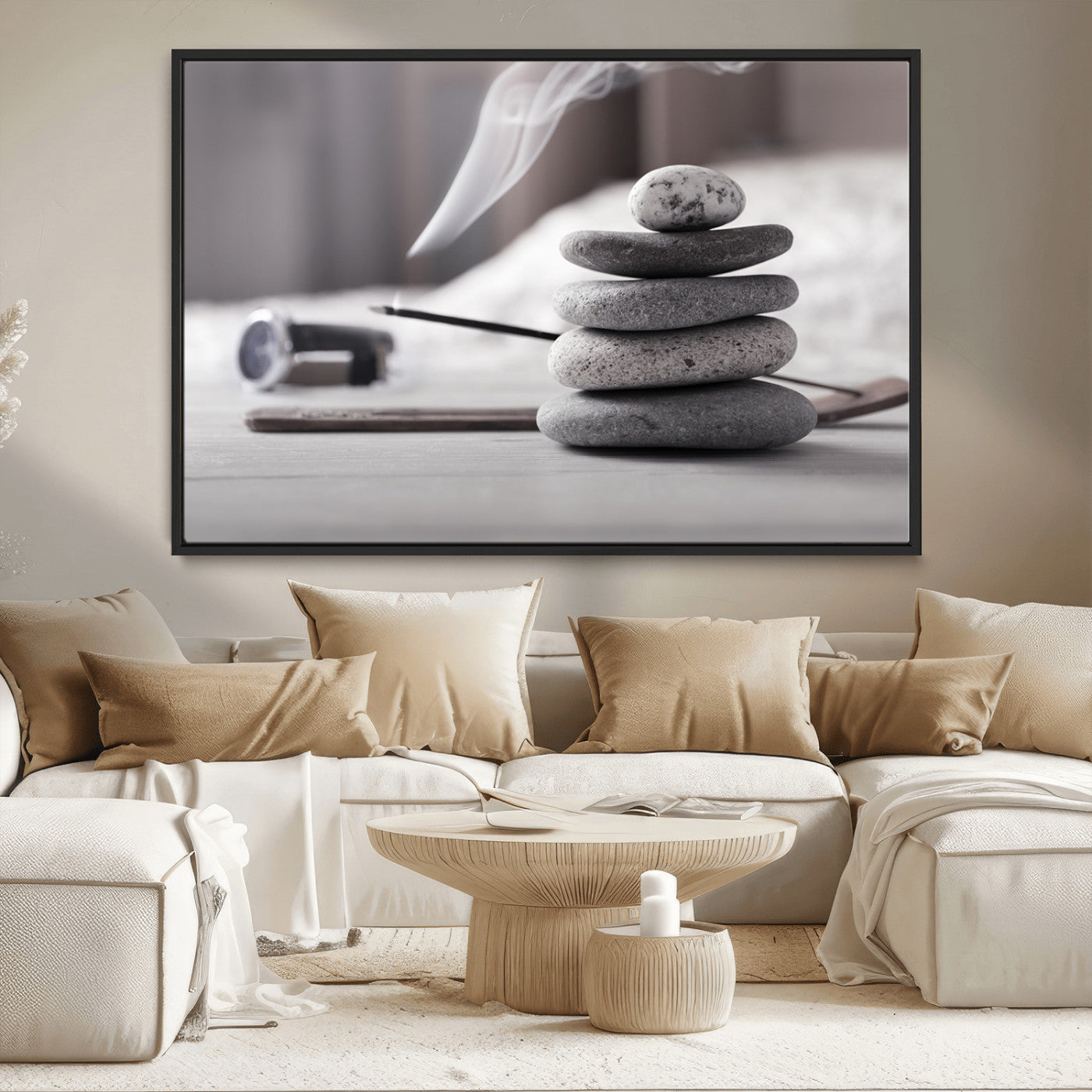 MGV-FC-36X24 - Burning Incense and Zen Stones Buddhism Wall Art, Zen Stones Wall Art Canvas Print