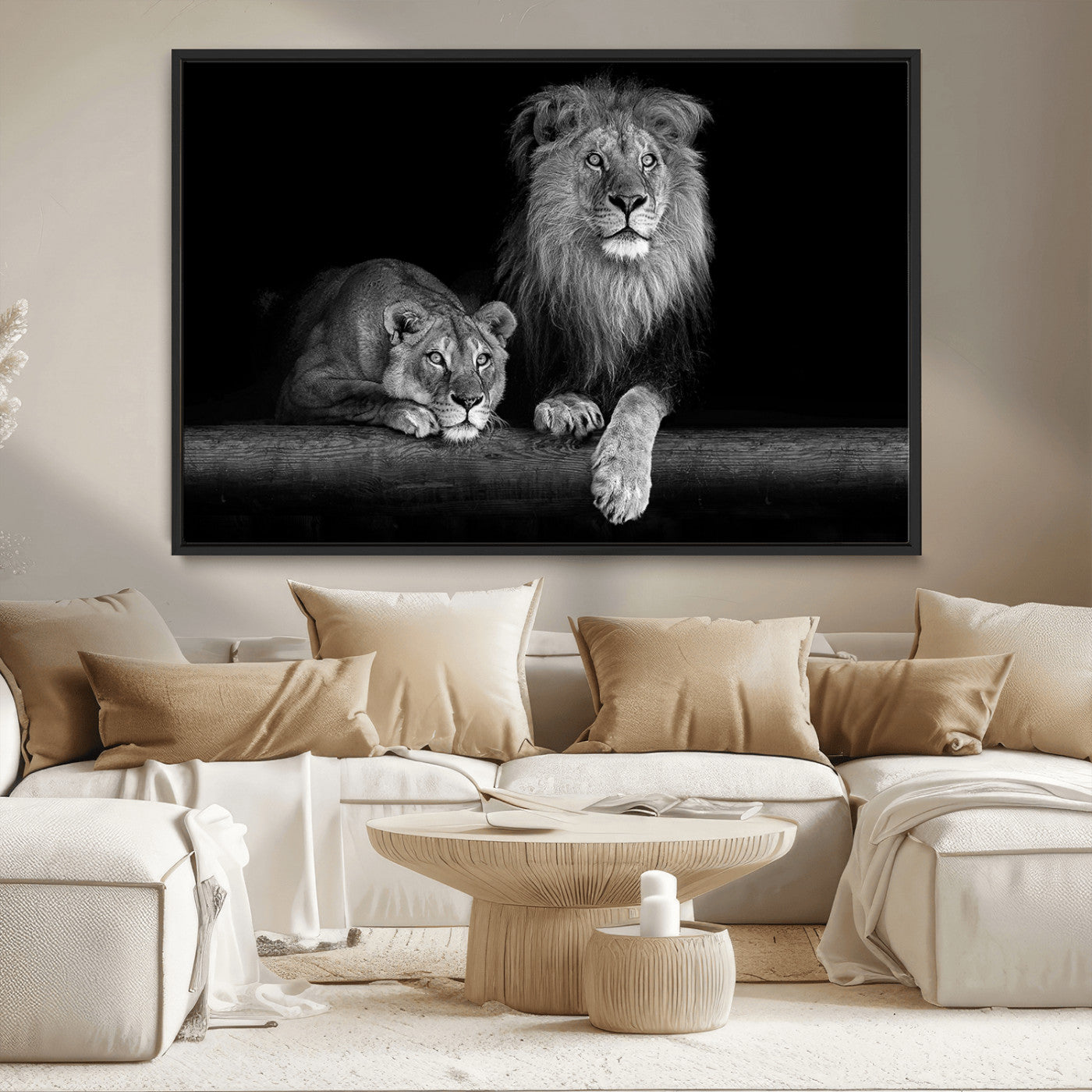 MGV-FC-36X24 - Large Black and White Lion Couple Wall Art Canvas Print