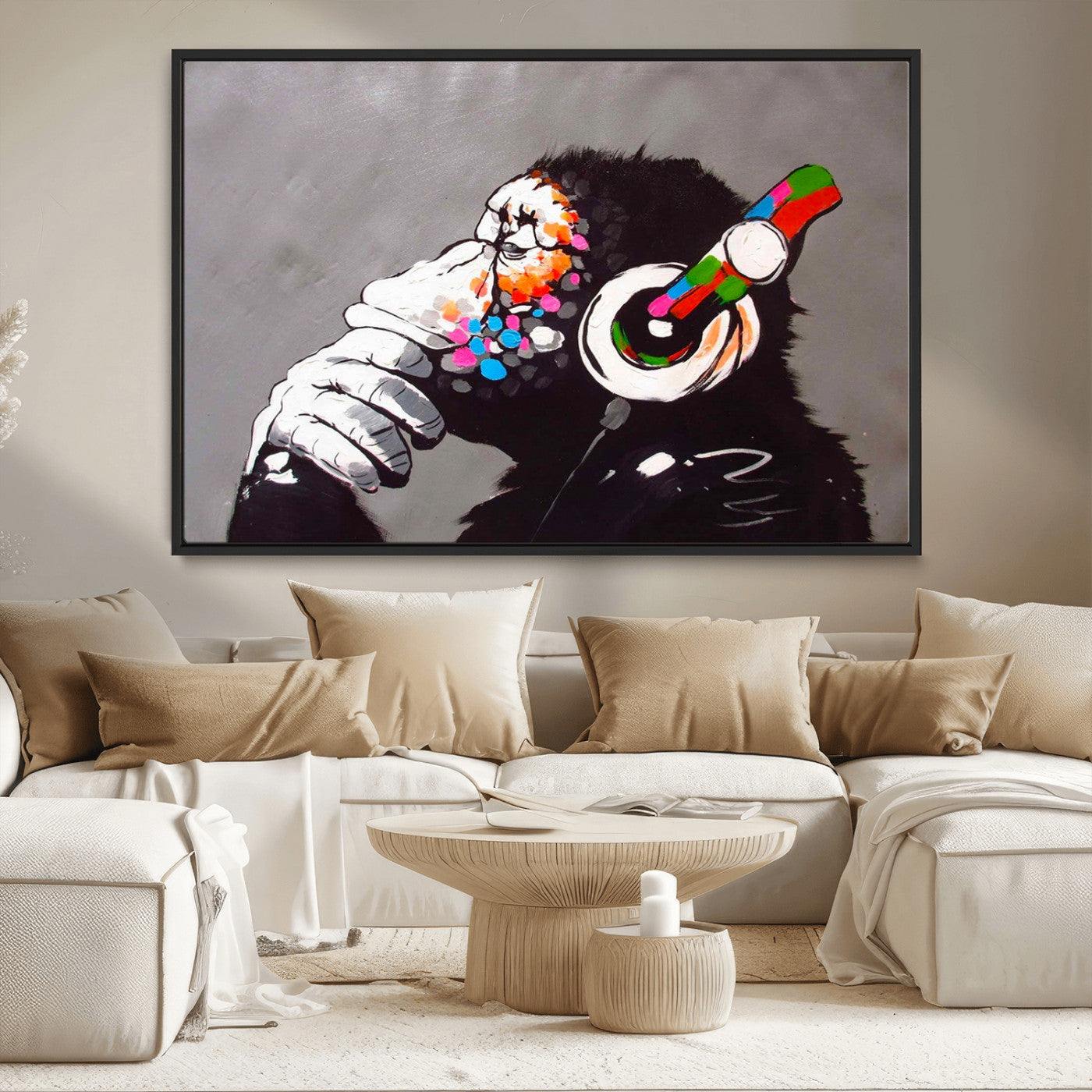 MGV-FC-36X24 - Dj Monkey Listening to Music Wall Art Print | Banksy Monkey Large Canvas Print for Living Room,