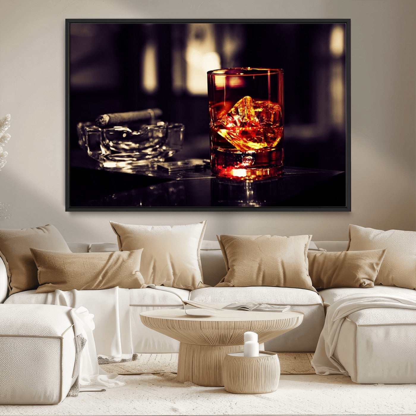 MGV-FC-36X24 - Whiskey and Cigar Canvas – Luxurious Wall Art for Home or Bar – Glass and Cigar Scene Print Canvas