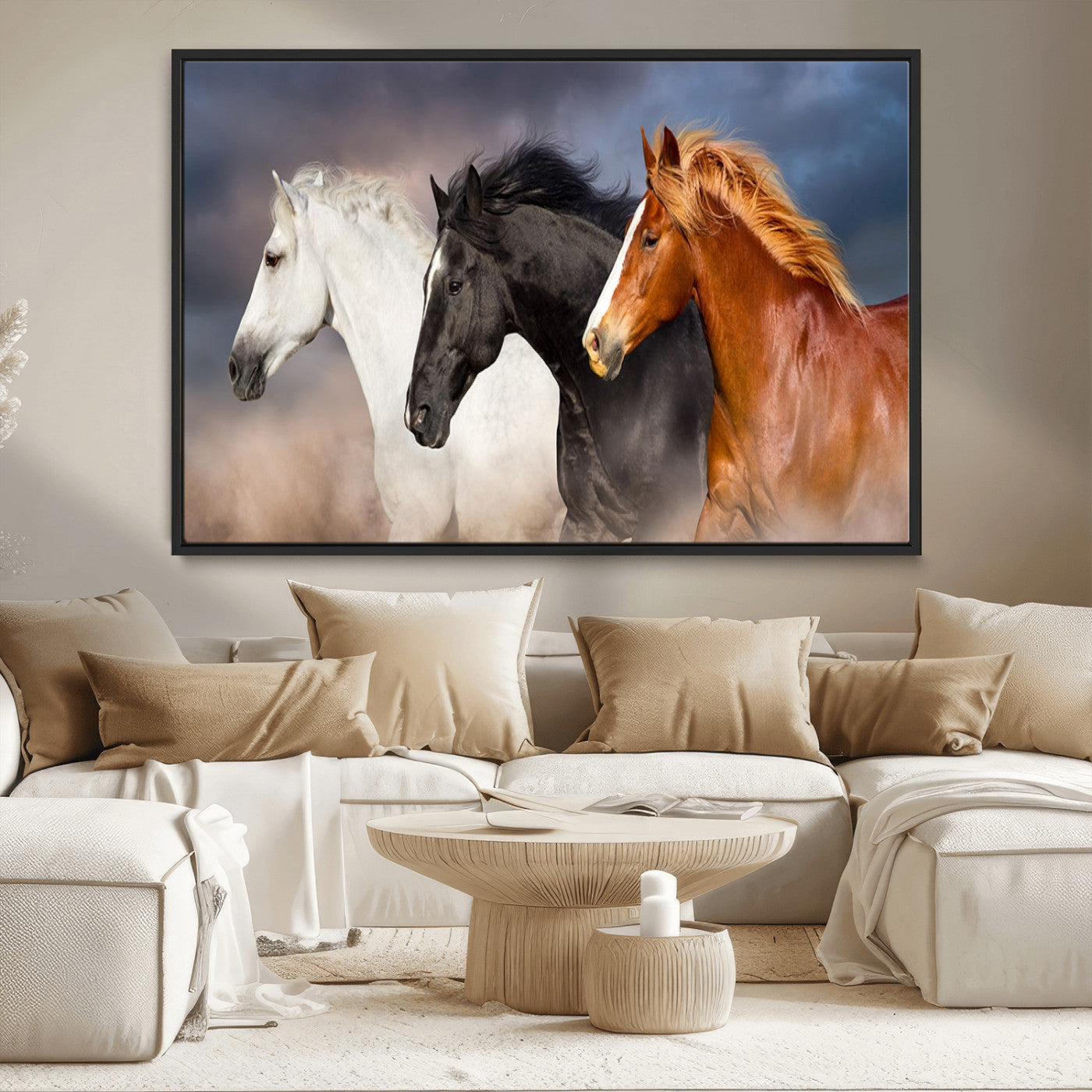 MGV-FC-36X24 - Animal Wall Art Three Horses Farmhouse Art Canvas, Framed Three Horses Canvas Print