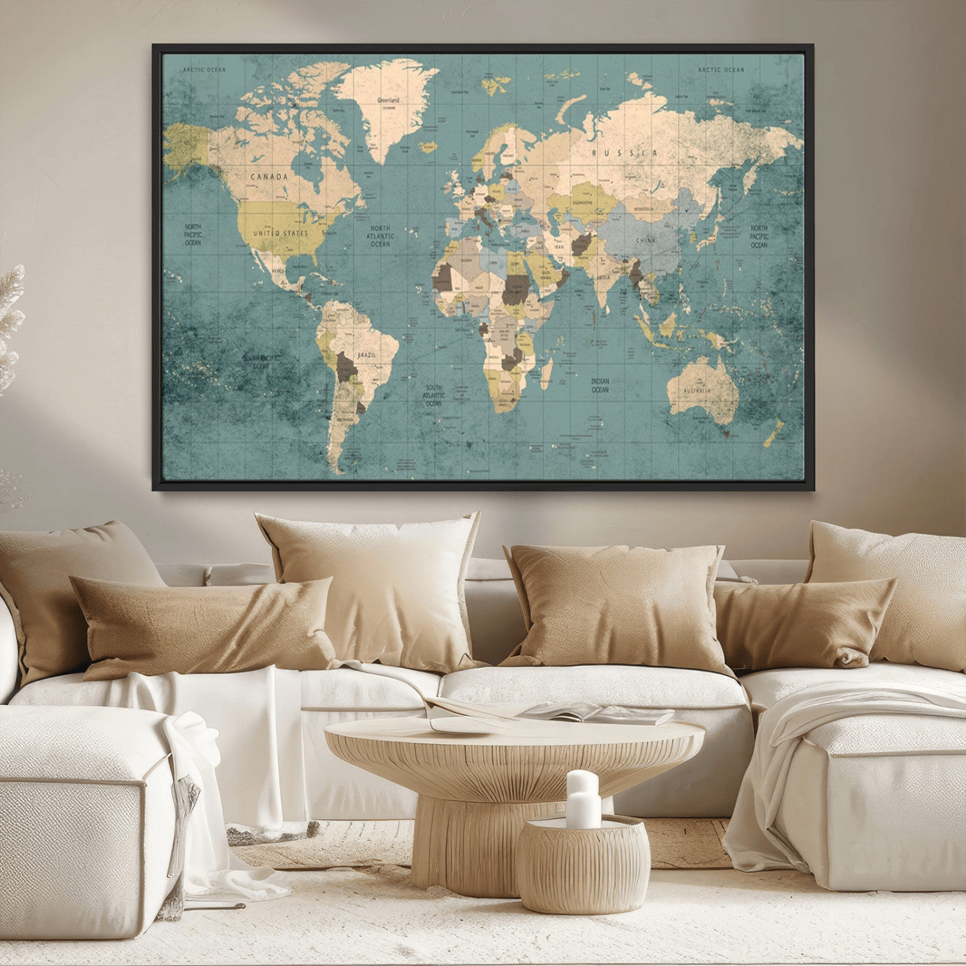 MGV-FC-36X24 - Classic World Map Wall Art Canvas Print, Framed Retro Map Art Picture Print, Vintage Atlas Perfect Rustic Explorer Decor Artwork