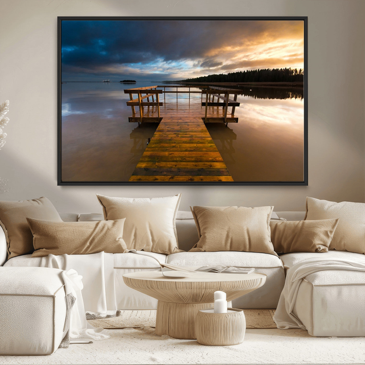 MGV-FC-36X24 - Serene Lake Pier at Sunset Canvas Print | Landscape Canvas Print | Ready to Hang and Framed Wall Art