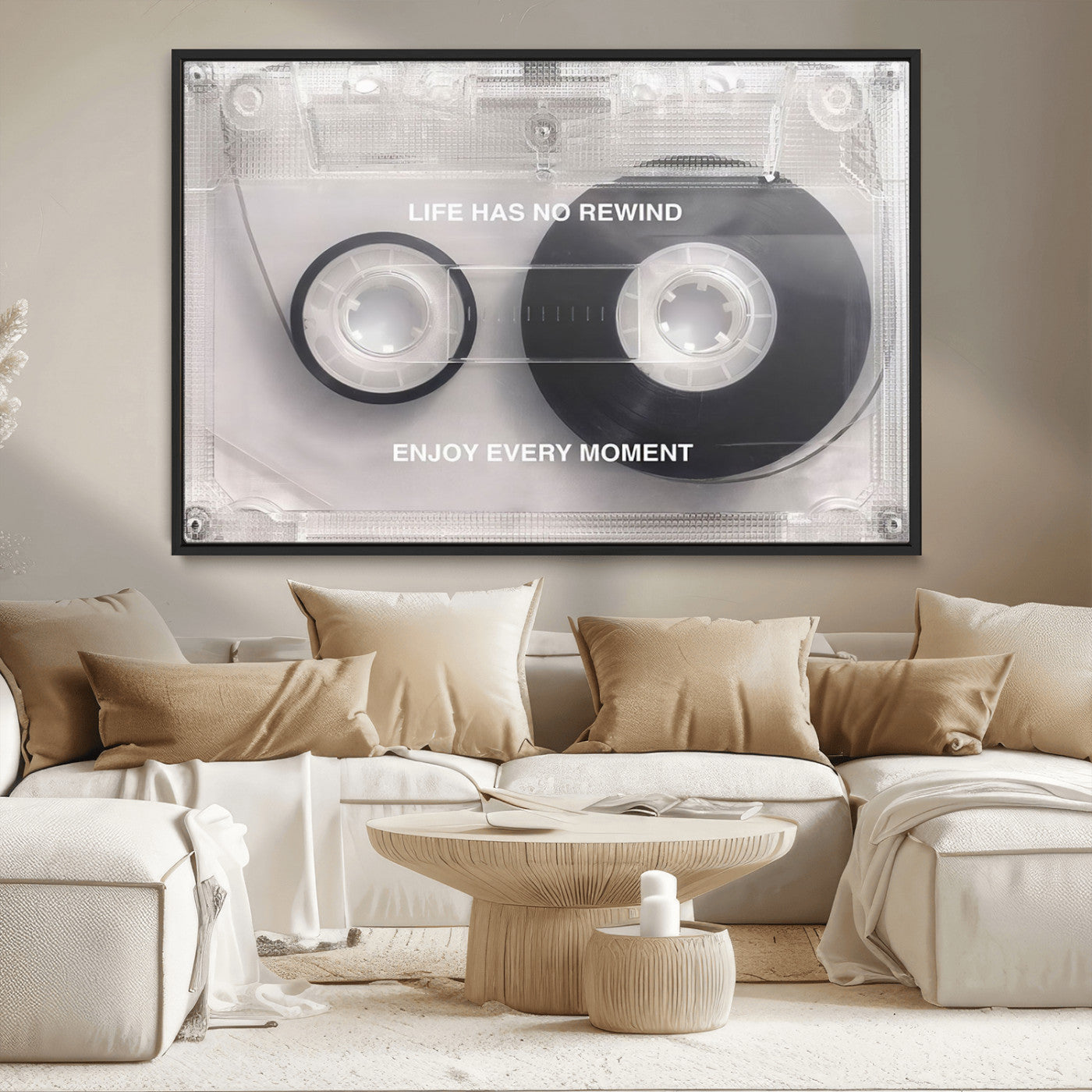 MGV-FC-36X24 - Vintage Cassette Tape Canvas Wall Art - Inspirational 'Life Has No Rewind' Quote, Retro Music Decor