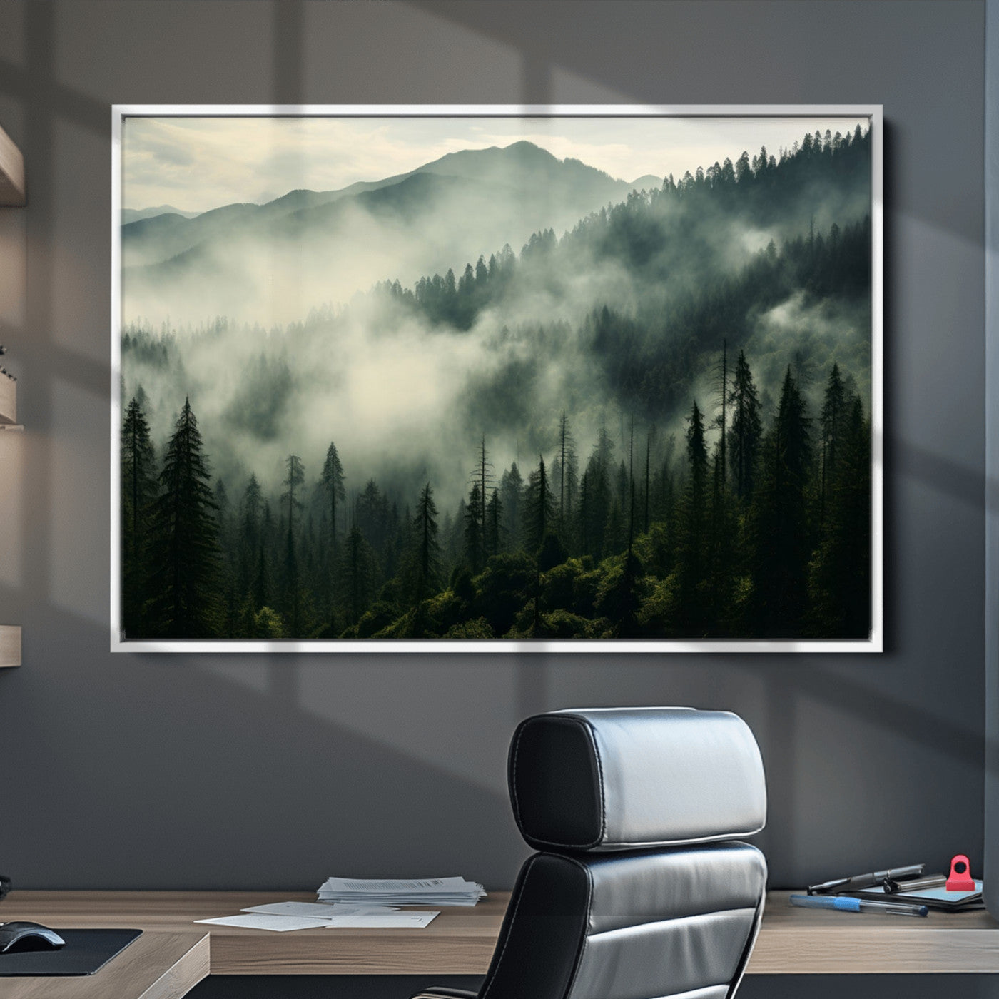 25295-MGV-CV-36X24-Captivating Misty Forest Wall Art Premium Canvas Print a Foggy and Serene Atmosphere
