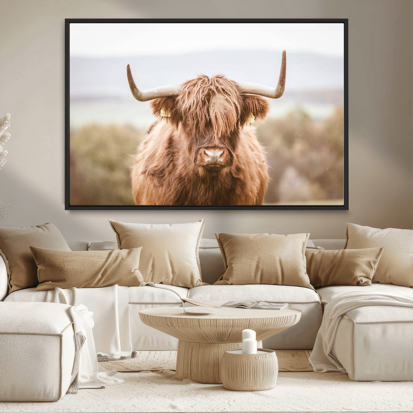 MGV-FC-36X24 - Scottish Serene Highland Cow Canvas Wall Art – Serene Highland Cow in Natural Pastel Tones – Ready
