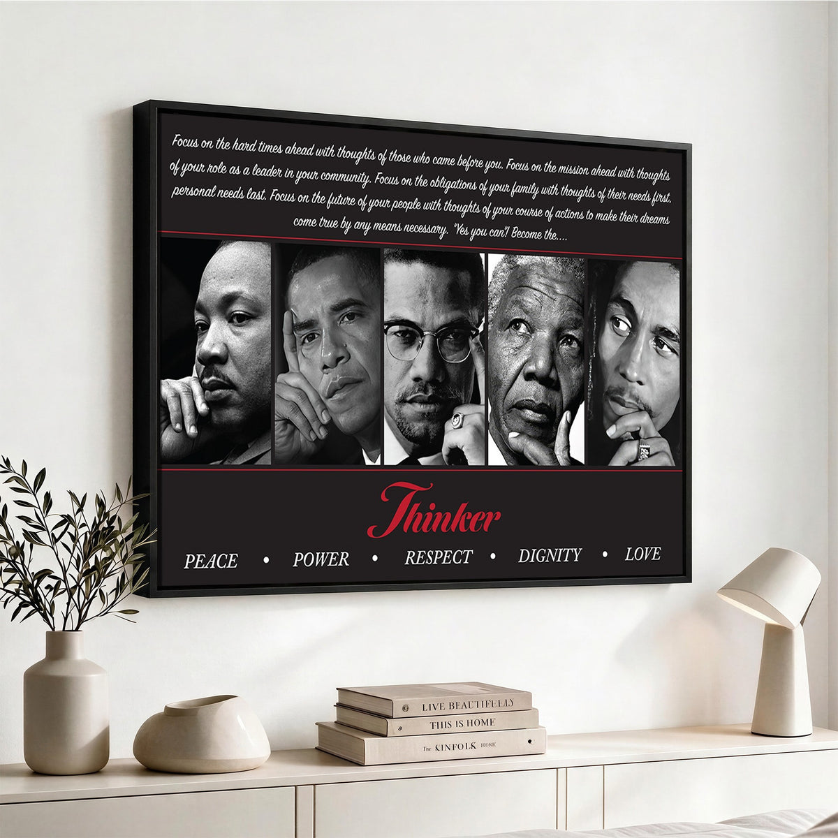 45112-MGV-CV-24X16 - Thinker Quintet Canvas Wall Art | Martin, Obama, Malcolm X, Mandela, Marley, Peace Power Respect Dignity Love