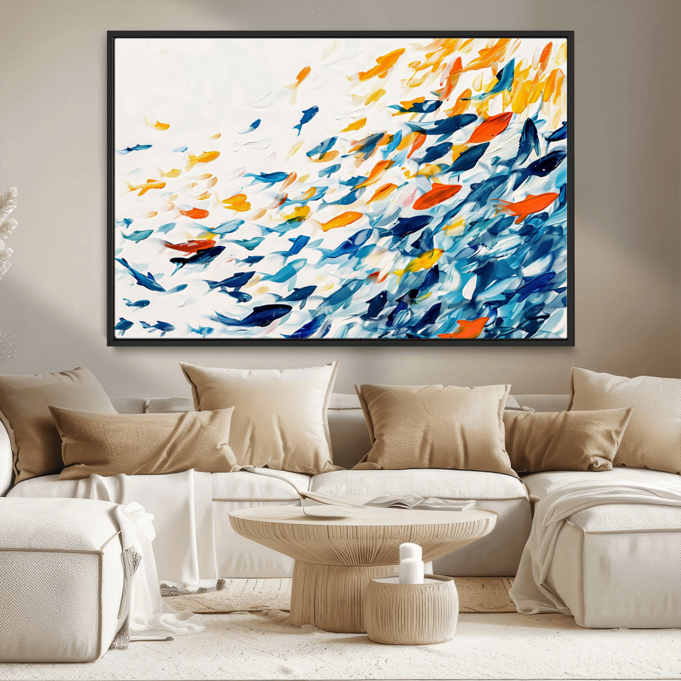 MGV-FC-36X24 - Abstract Fish Shoal Wall Art Canvas Print, Colorful Fish Herd Painting on Canvas Print, Ocean Animal