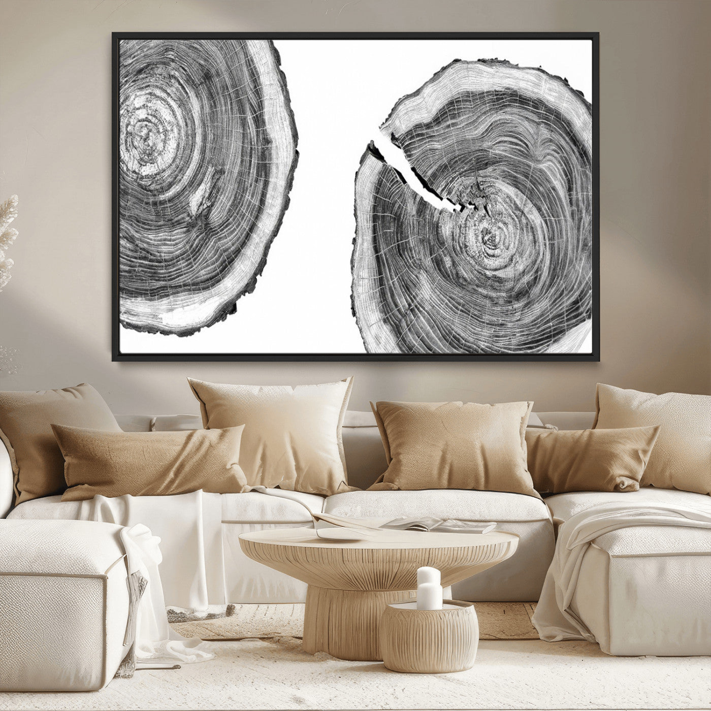 MGV-FC-36X24 - Modern Black and White Tree Rings Canvas Wall Art – Nature Inspired Wood Slice Print – Minimalist