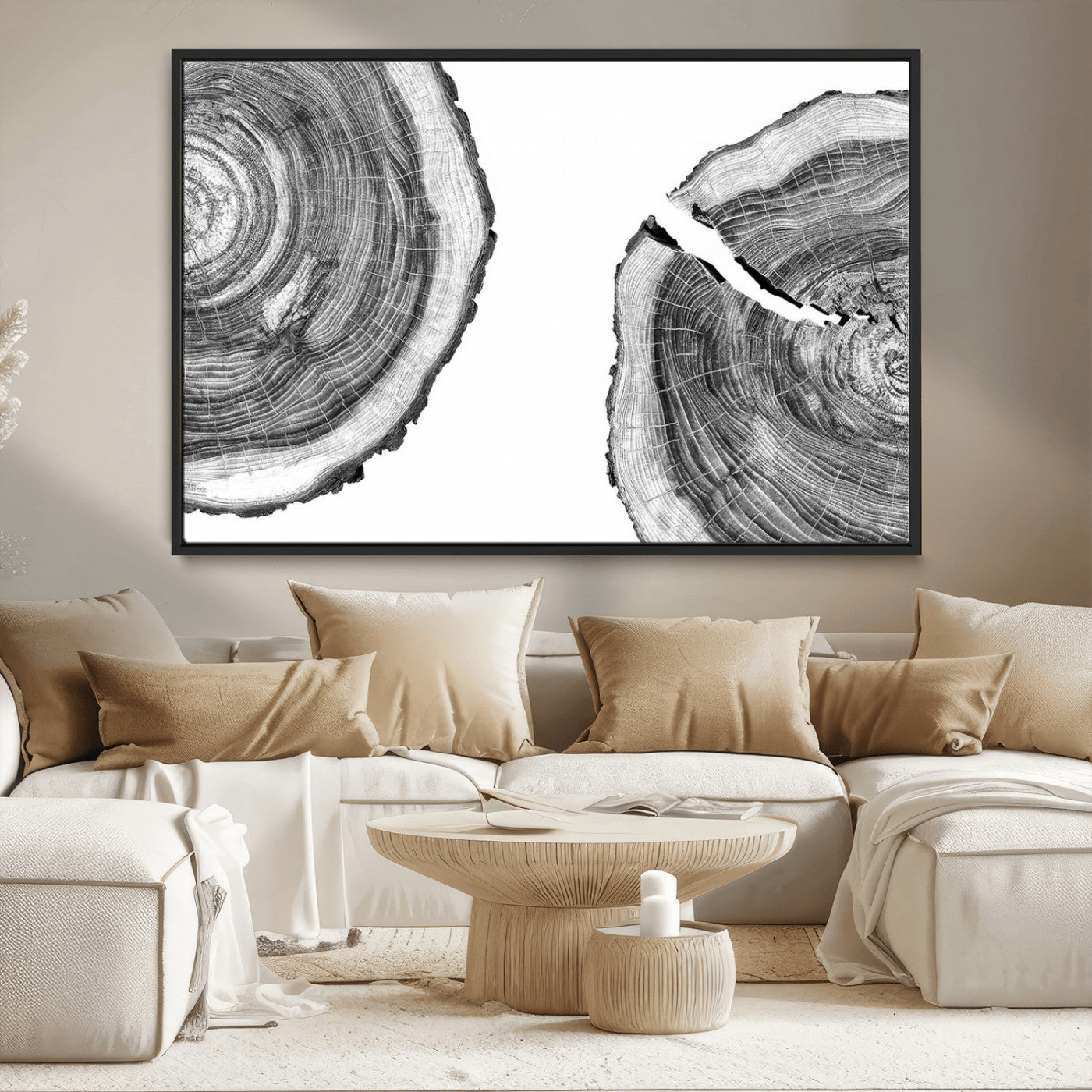 MGV-FC-36X24 - Abstract Large Tree Rings – Minimalist Black and White Wood Art | Triptych Canvas, Modern Wall Decor