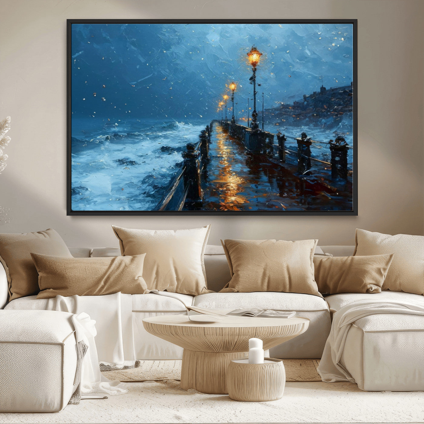 MGV-FC-36X24 - Stormy Night at Beach Pier Oil Painting Large Wall Art Print, Framed Canvas Nature Wall Decor,