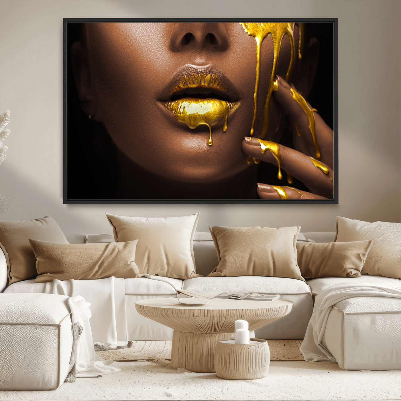MGV-FC-36X24 - African American Art Black Woman Canvas Print, African Wall Art, Fashion African Woman Gold Lips