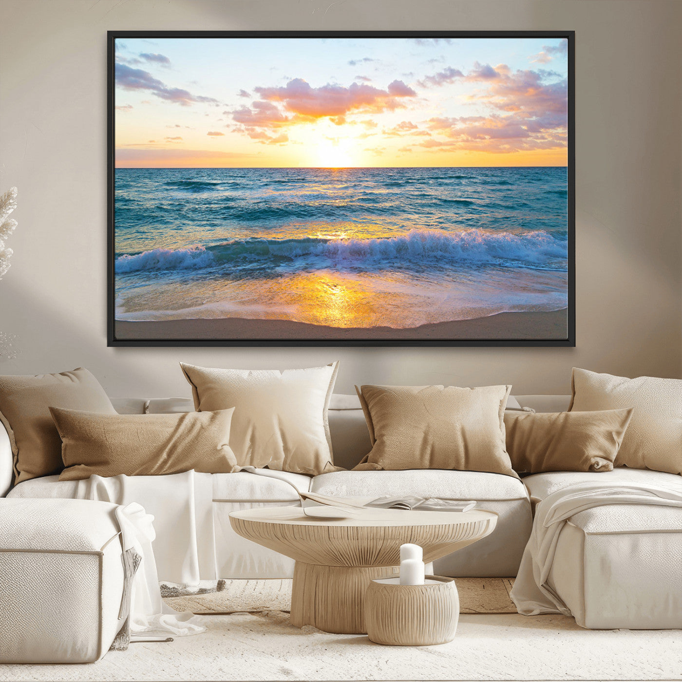 MGV-FC-36X24 - Golden Sunset Over Ocean Waves - Serene Coastal Triptych Wall Art for Relaxing Home Decor, Ready to