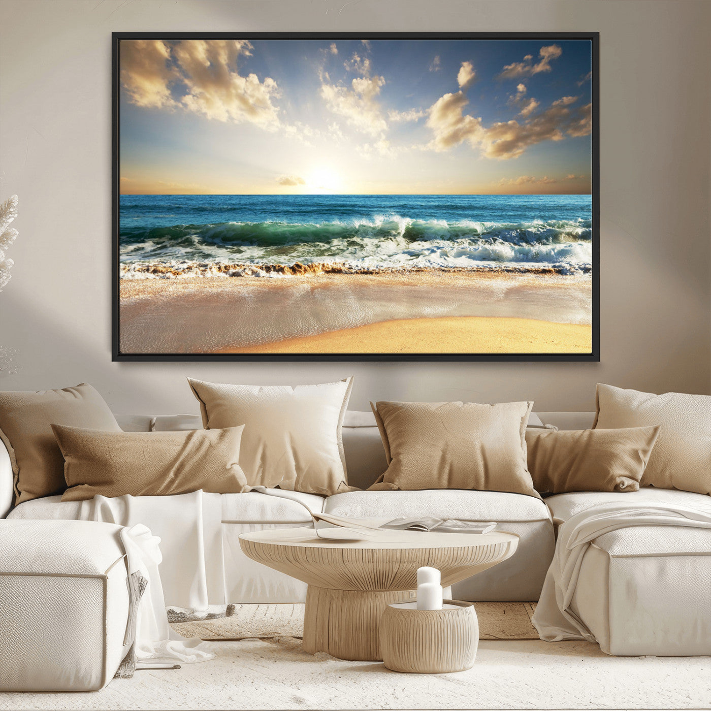 MGV-FC-36X24 - Golden Sunset Beach Triptych Canvas Wall Art for Living Room – 3-Panel Ocean View, Framed & Ready to