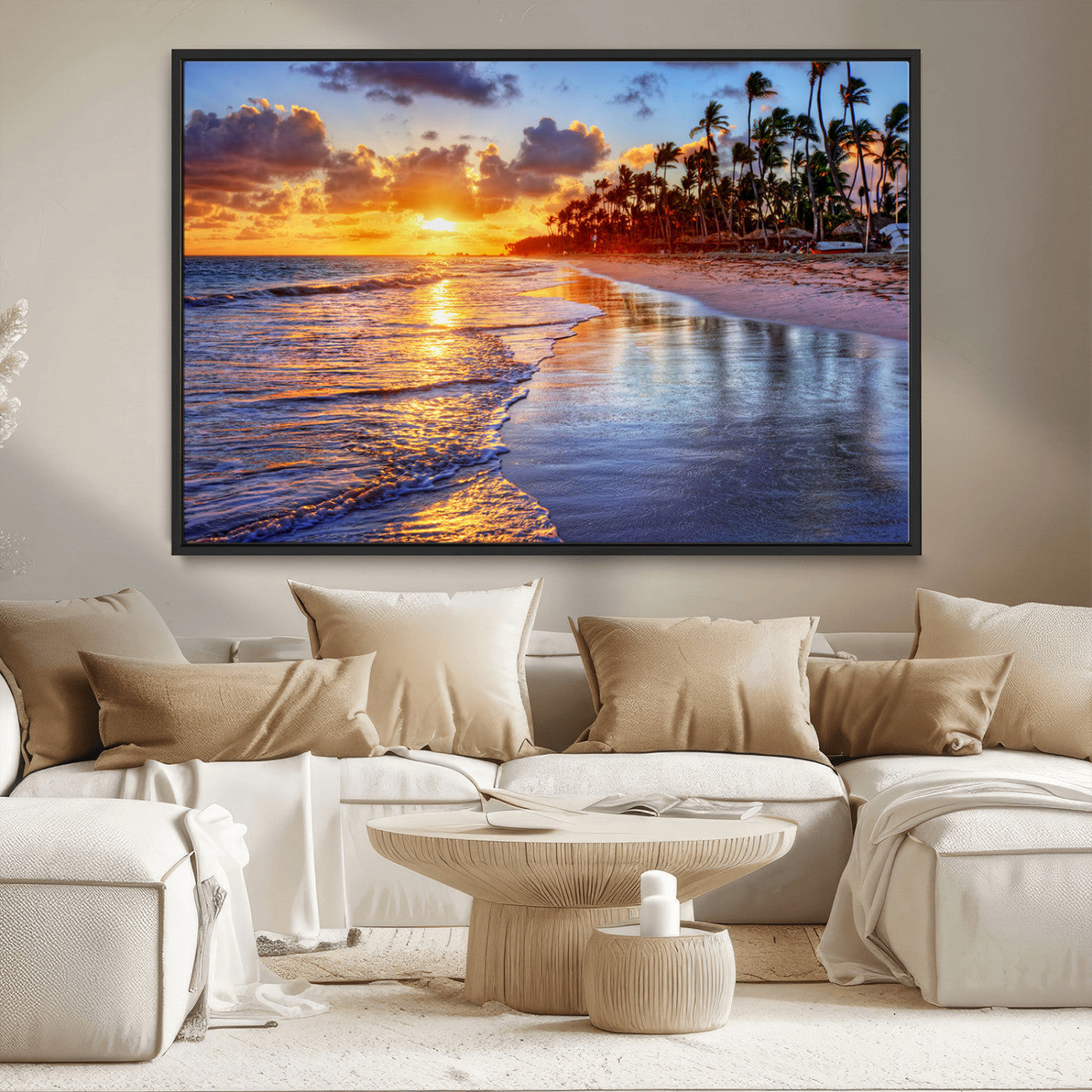 MGV-FC-36X24 - Serene Beach Sunset Wall Art Canvas- Coastal Seascape Print for Living Room or Bedroom, Ocean Waves