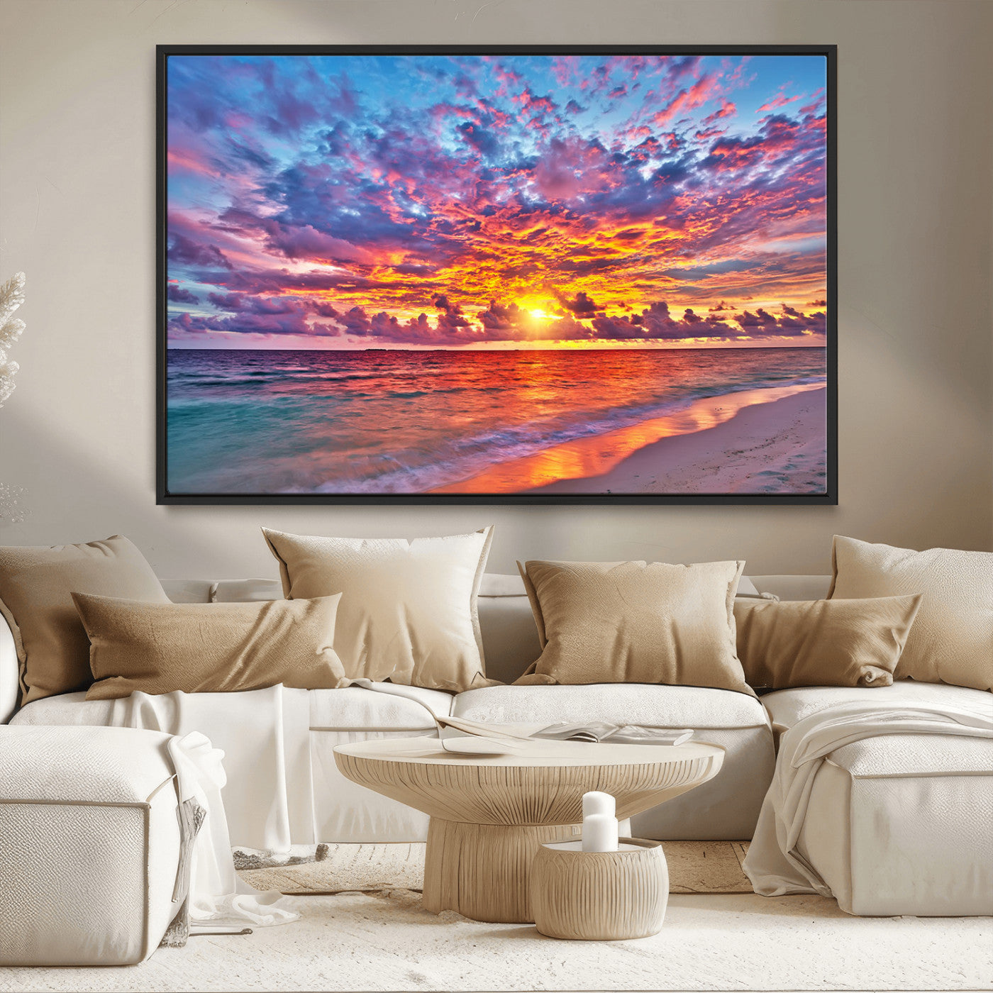 MGV-FC-36X24 - Vibrant Sunset Beach Wall Art - Ocean Sunset Canvas Print | Coastal Wall Art Decor Stunning Sunset