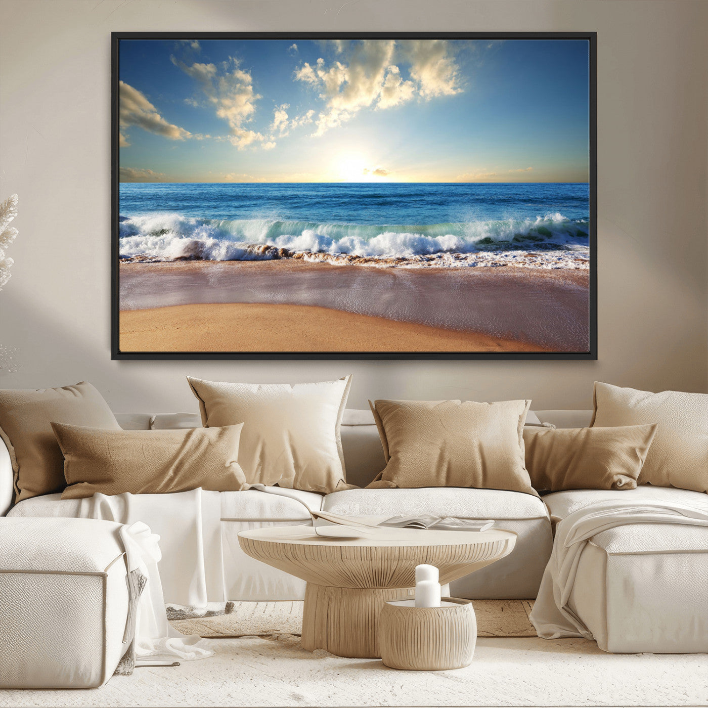 MGV-FC-36X24 - Serene Ocean Sunset Canvas Wall Art - Beach Waves at Sunset, Ready to Hang