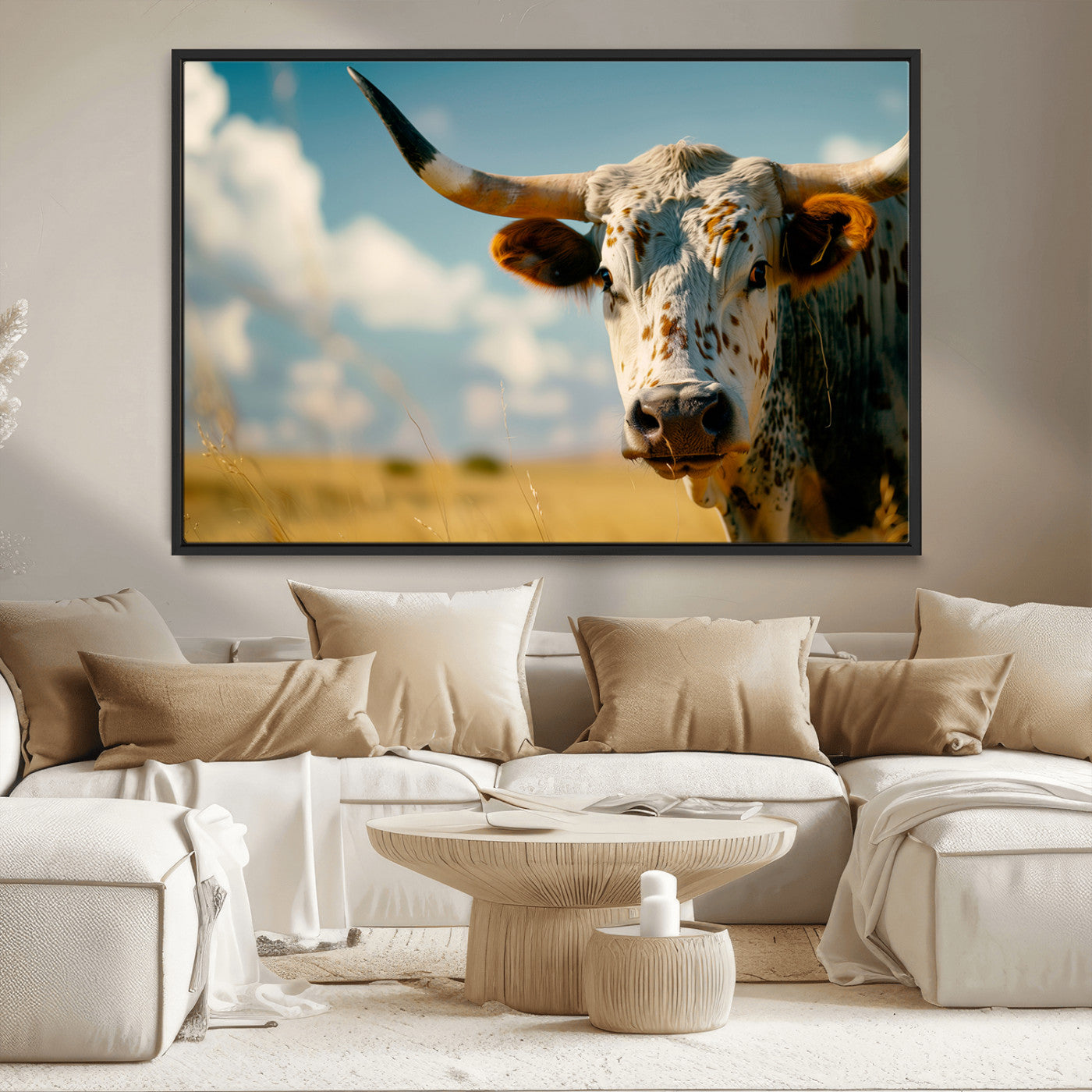 MGV-FC-36X24 - Longhorn in the Prairie - Stunning Ranch-Style Triptych Wall Art for Western Home Decor, Cowboy Wall