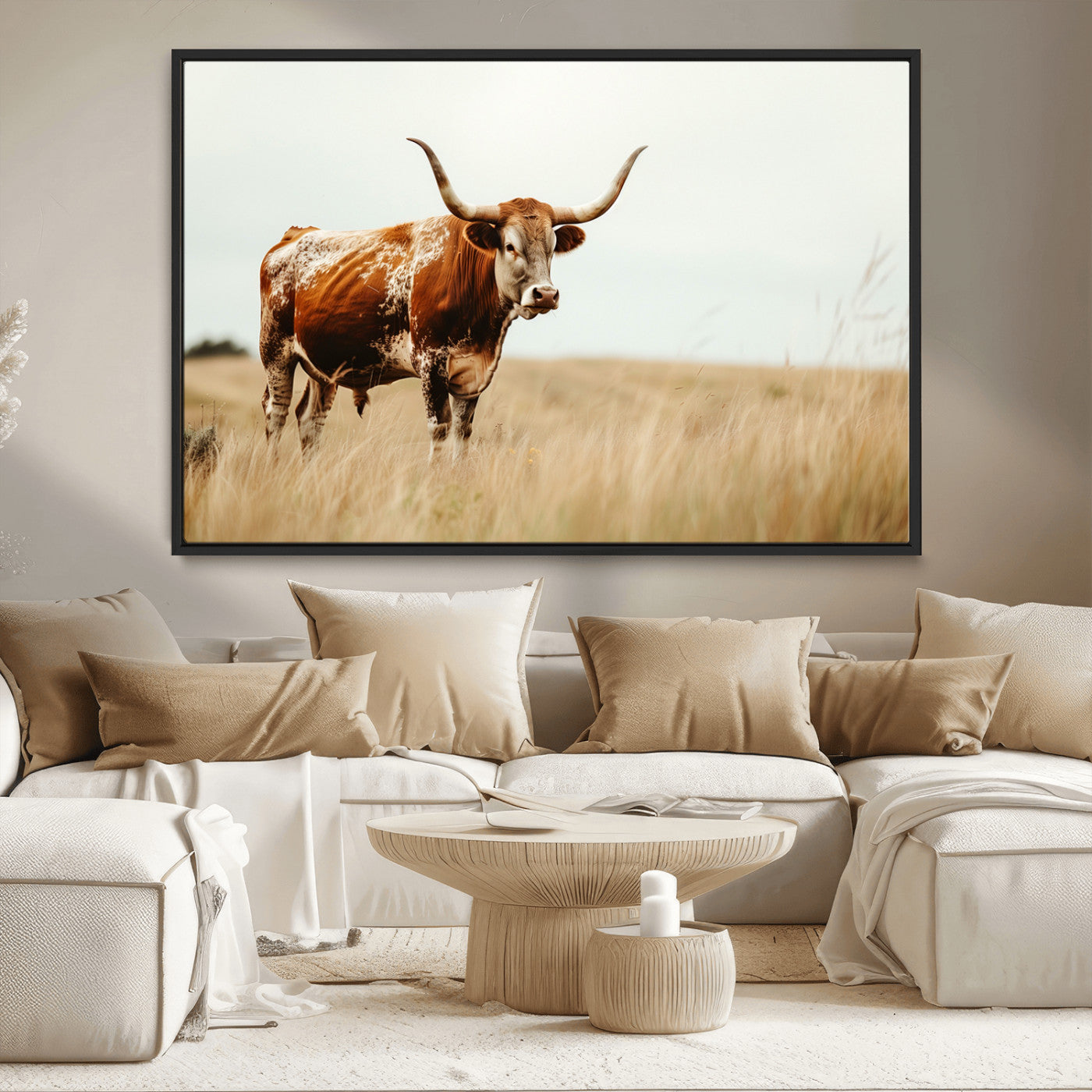 MGV-FC-36X24 - Texas Longhorn Canvas Wall Art Print – Majestic Western Cattle in Rustic Farmhouse Decor – Cow Wall