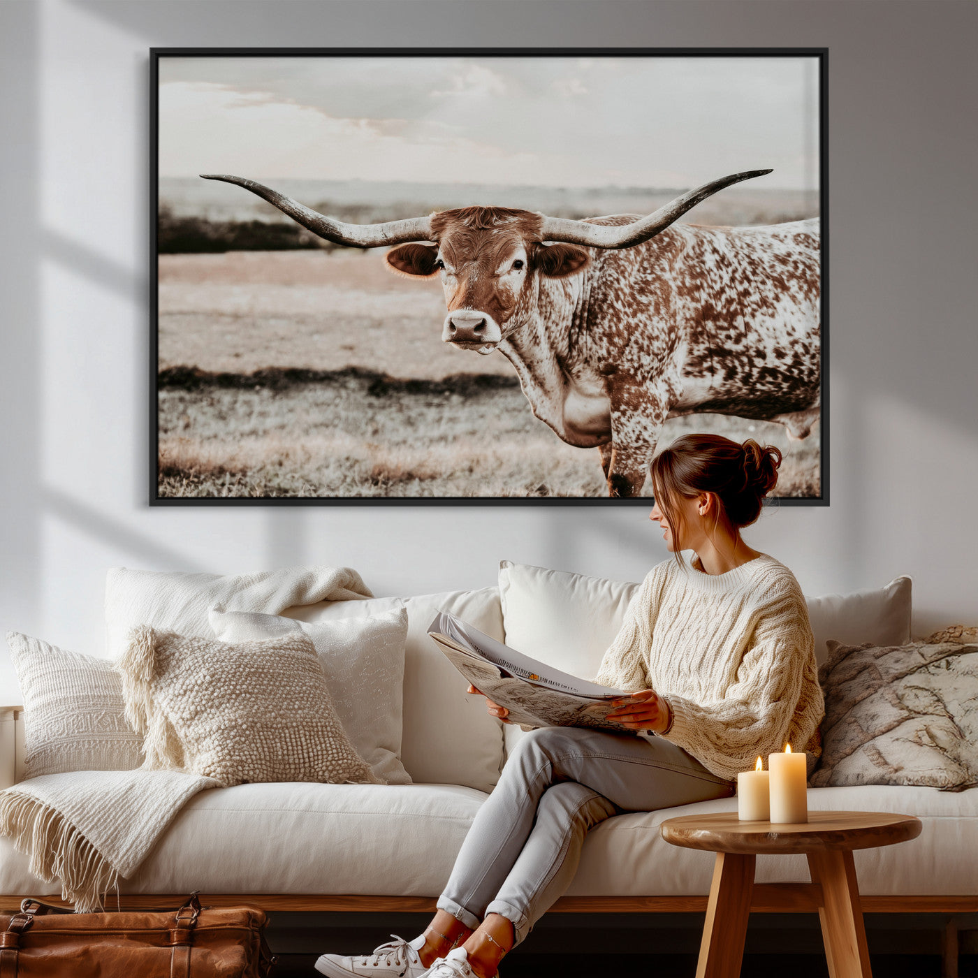 62910-MGV-CV-36X24 - Texas Longhorn Canvas Wall Art Print – Majestic Western Cattle in Rustic Farmhouse Decor – Cowboy Wall Decor