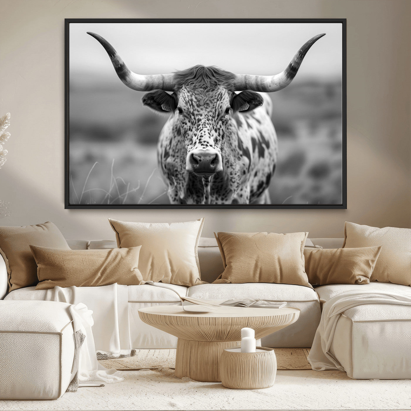 MGV-FC-36X24 - Texas Cow Longhorn Wall Art Canvas Print for Farm House Wall Decor, Farmhouse Wall Art Print