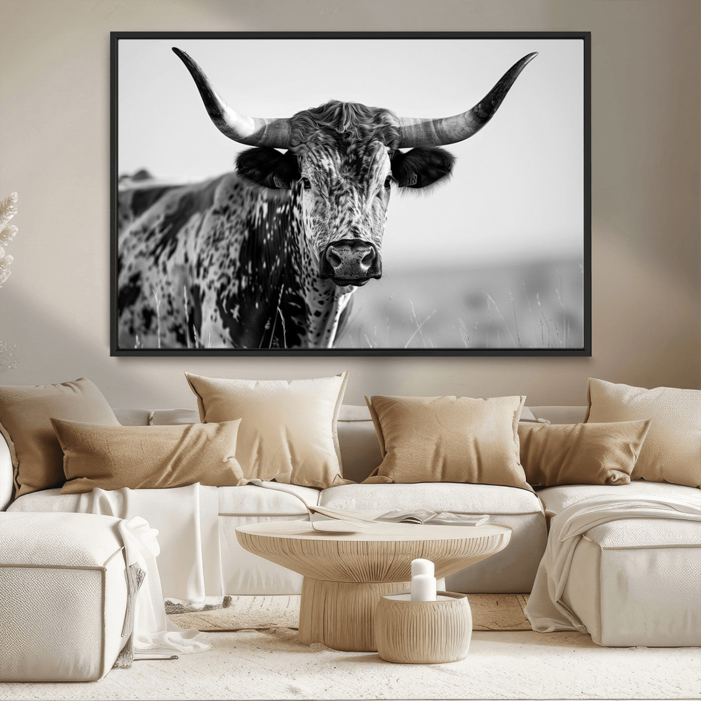 MGV-FC-36X24 - Texas Highland Cow Longhorn Canvas Print - Rustic Farmhouse Wall Art - Large Texas Longhorn