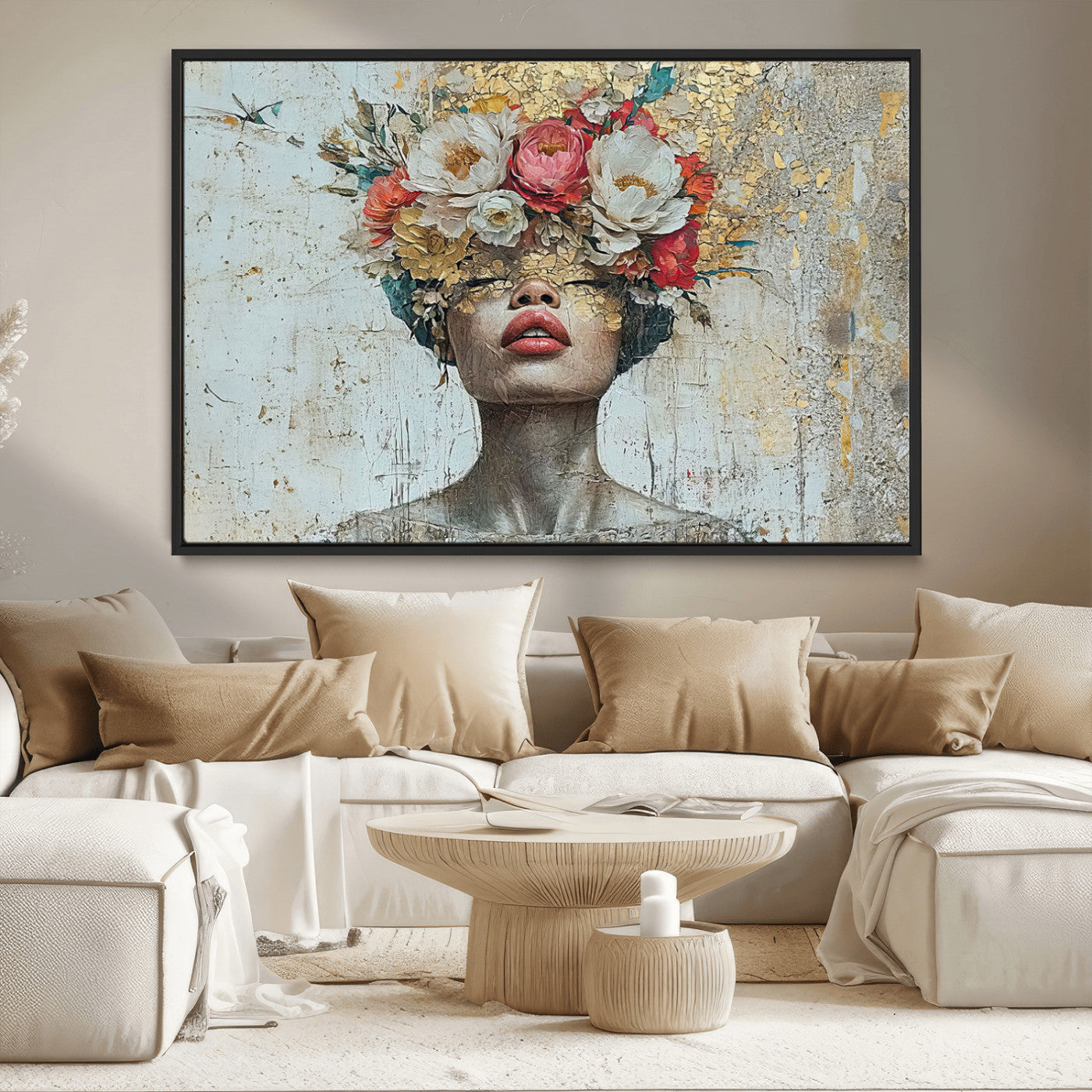 MGV-FC-36X24 - Golden Petal Wall Art Canvas Print - Silhouette Woman Wall Art Canvas Print, Floral Woman Portrait