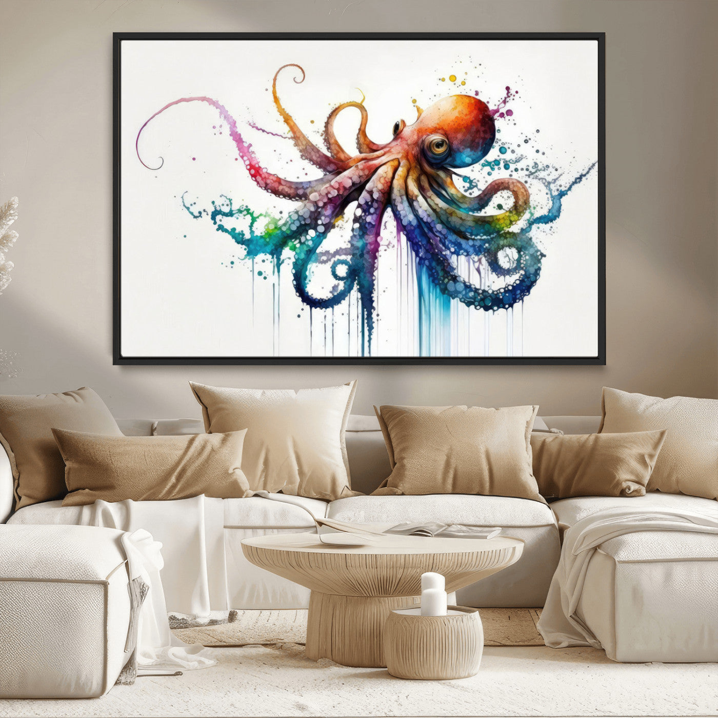 MGV-FC-36X24 - Watercolor Vibrant Octopus Wall Art Canvas Print | Abstract Sea Life Art | Colorful Marine Creature