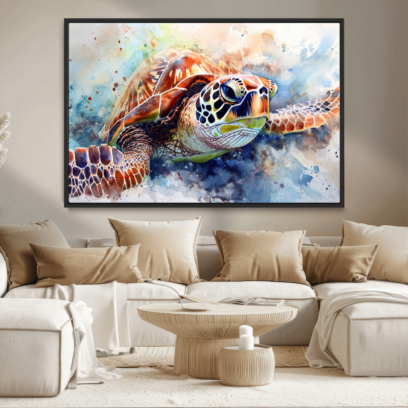 MGV-FC-36X24 - Watercolor Sea Turtle Wall Art Canvas Print - Vibrant Ocean Colors in Watercolor Style - Ready to