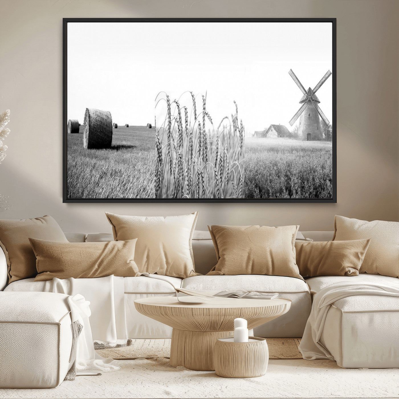 MGV-FC-36X24 - Vintage Farmhouse Black and White Triptych Wall Art – Giclee Canvas Featuring Wheat Fields, Hay