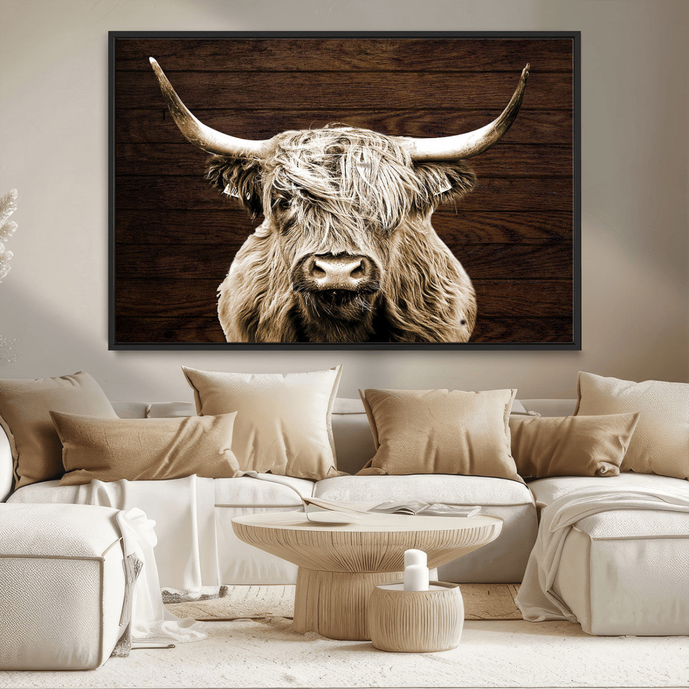 MGV-FC-36X24 - Highland Cow Wall Art Canvas Print, Rustic Farmhouse Decor, Majestic Scottish Highland Bull Portrait