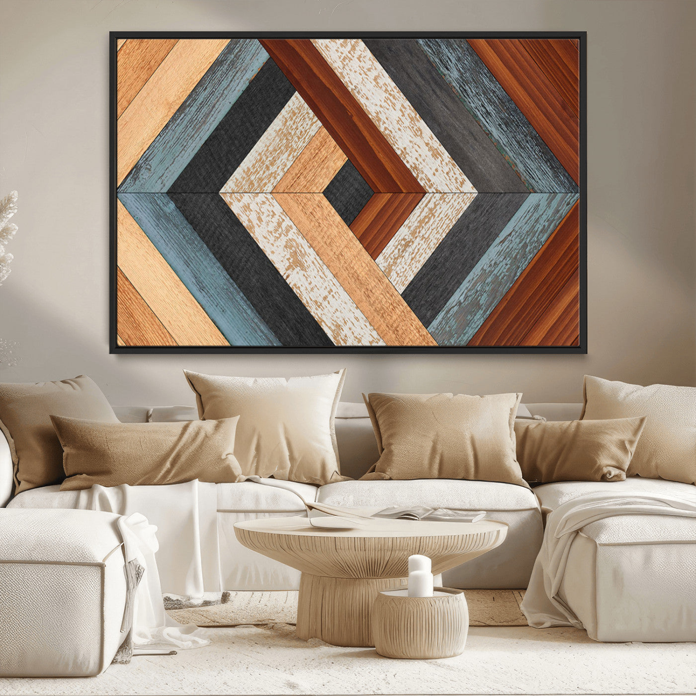 MGV-FC-36X24 - Geometric Wood Art Wall Decor Canvas Print, Rustic Wooden Pattern Triptych Wall Art for Living Room