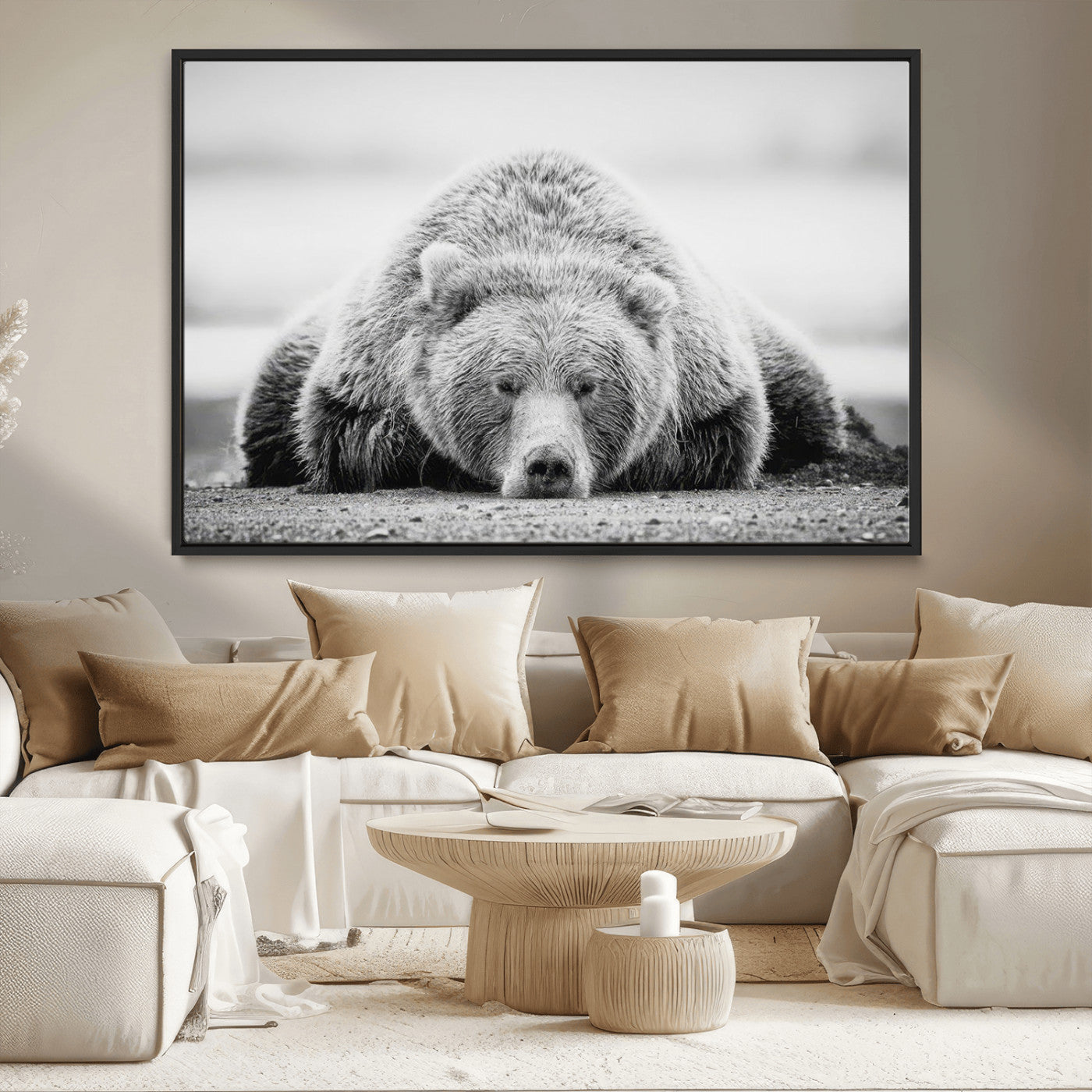 MGV-FC-36X24 - Resting Grizzly Bear Wall Art Canvas Print – Majestic Lazy Black and White Wildlife Bear Art,