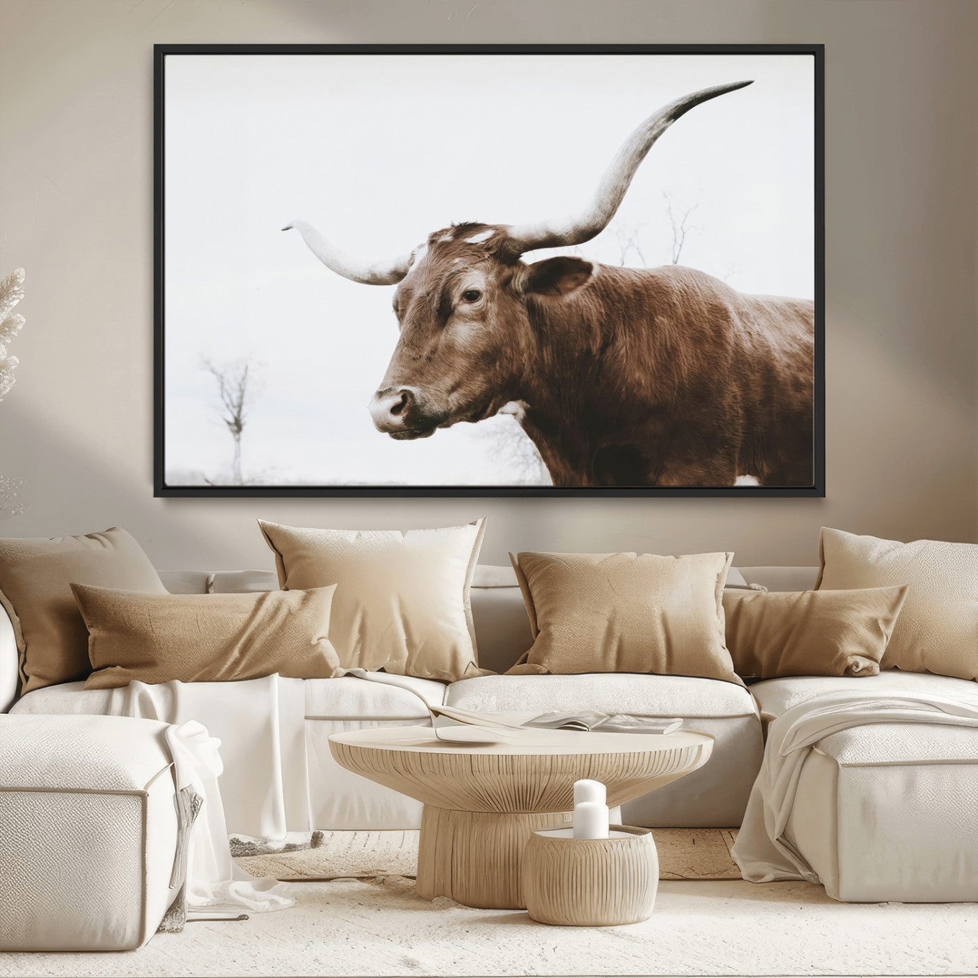 MGV-FC-36X24 - Rustic Bull Wall Art Canvas Print – Modern Longhorn Farmhouse Animal Decor – Abstract Farm Cow